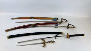 A GROUP OF FOUR SWORDS TO INCLUDE TWO DRESS SWORDS, ONE SAMURAI ETC - NO POSTAGE OR PACKING.