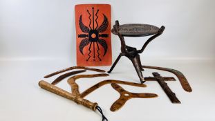 A COLLECTION OF ABORIGINAL STYLED ITEMS TO INCLUDE BOOMERANGS ALONG WITH AN AFRICAN HARDWOOD