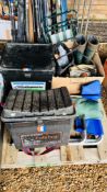 A GROUP OF MIXED FISHING EQUIPMENT TO INCLUDE VARIOUS RODS, REELS, WELLIES, BOX, ETC.