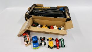 QUANTITY OF SCALEXTRIC TRACK + VARIOUS CARS SOME A/F CONDITION + OTHER EXAMPLES.