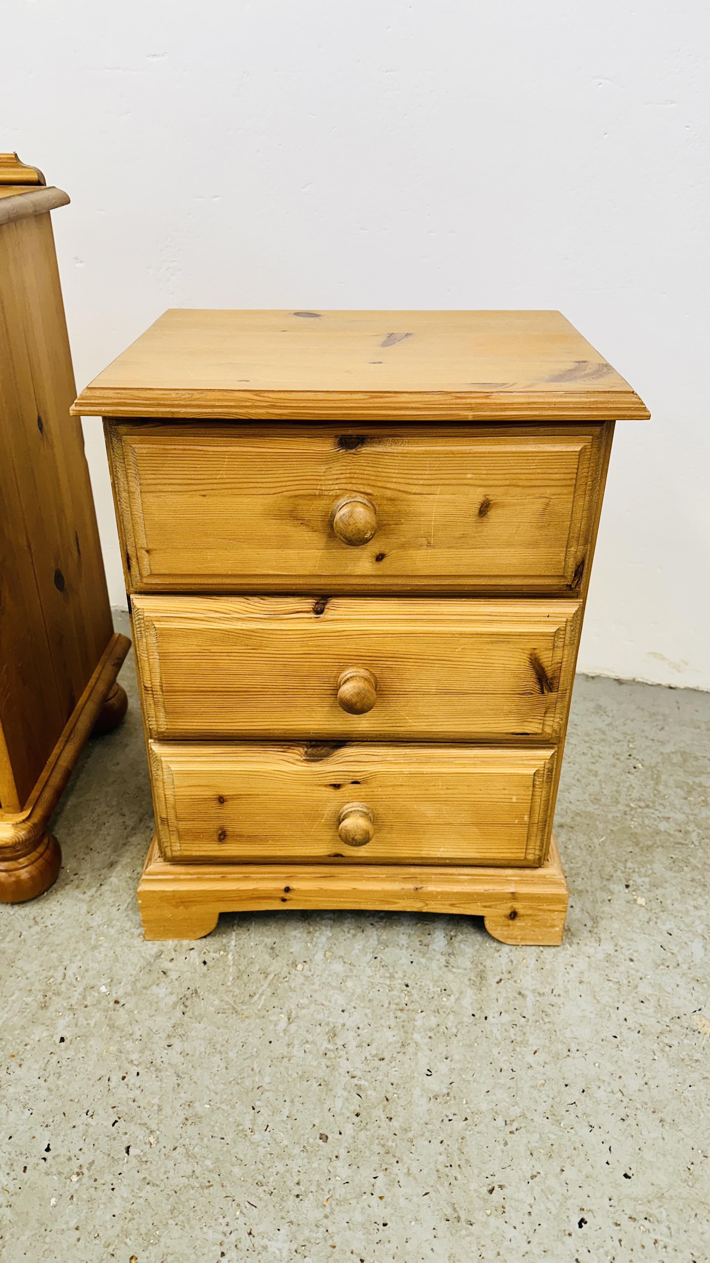 A HONEY PINE 3 DRAWER BEDSIDE CHEST ALONG WITH A FURTHER WAXED PINE EXAMPLE. - Image 2 of 7