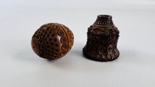 A VINTAGE HAND CARVED THREADED TREEN NUT TRINKET / SEWING CASED ALONG WITH A FURTHER SIMILAR