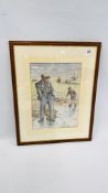 A FRAMED AND MOUNTED COLOURED PRINT OF A YOUNG BOY CRABBING BEARING SIGNATURE WILFRED SUTTON.