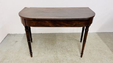 MAHOGANY AND INLAID D END SIDE TABLE, W 107CM X D 51CM X H 72CM AND COPPED BED WARMING PAN.