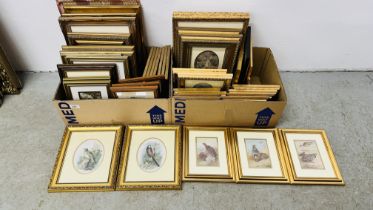 2 X BOXES CONTAINING AN EXTENSIVE COLLECTION OF GILT FRAMED PRINTS TO INCLUDE BAXTER TYPE,