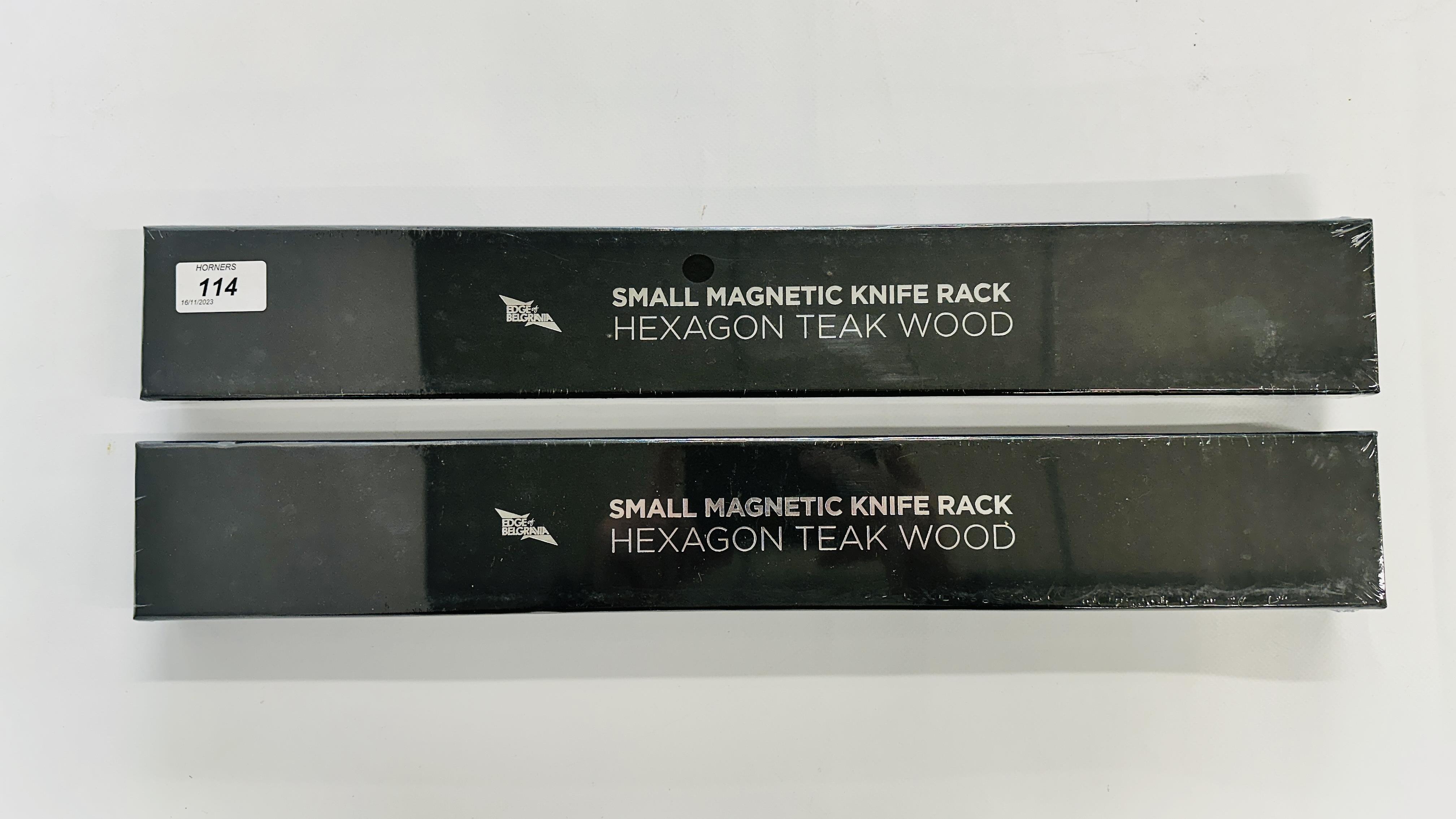 2 X AS NEW BOXED EDGE OF BELGRAVIA SMALL MAGNETIC KNIFE RACK HEXAGON TEAK WOOD.