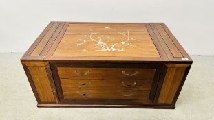 A HARDWOOD DRINKS CHEST WITH MOTHER OF PEARL ROSE DETAIL HAVING TWO TOP LIFTING COMPARTMENTS TO