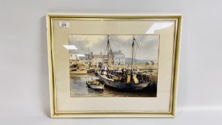 A FRAMED AND MOUNTED ORIGINAL WATERCOLOUR DEPICTING A FISHING BOAT IN HARBOUR BEARING SIGNATURE D.