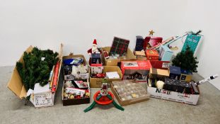 AN EXTENSIVE GROUP OF CHRISTMAS DECORATIONS TO INCLUDE CHRISTMAS TREE, FIGURES, CANDLES, BAUBLES,