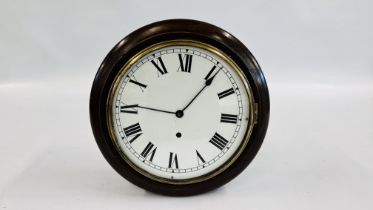 VICTORIAN STYLE MAHOGANY WALL CLOCK WITH KEY AND PENDULUM.