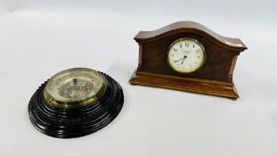 A VINTAGE STYLE BAROMETER ALONG WITH A VINTAGE MAHOGANY CASED MANTEL CLOCK MARKED "WILSON & SHARP"