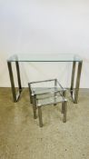 DESIGNER CHROME FRAMED CONSOLE TABLE WITH GLASS TOP 110CM W, 40CM D, 77CM H,