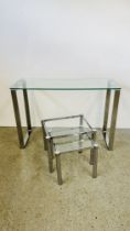 DESIGNER CHROME FRAMED CONSOLE TABLE WITH GLASS TOP 110CM W, 40CM D, 77CM H,