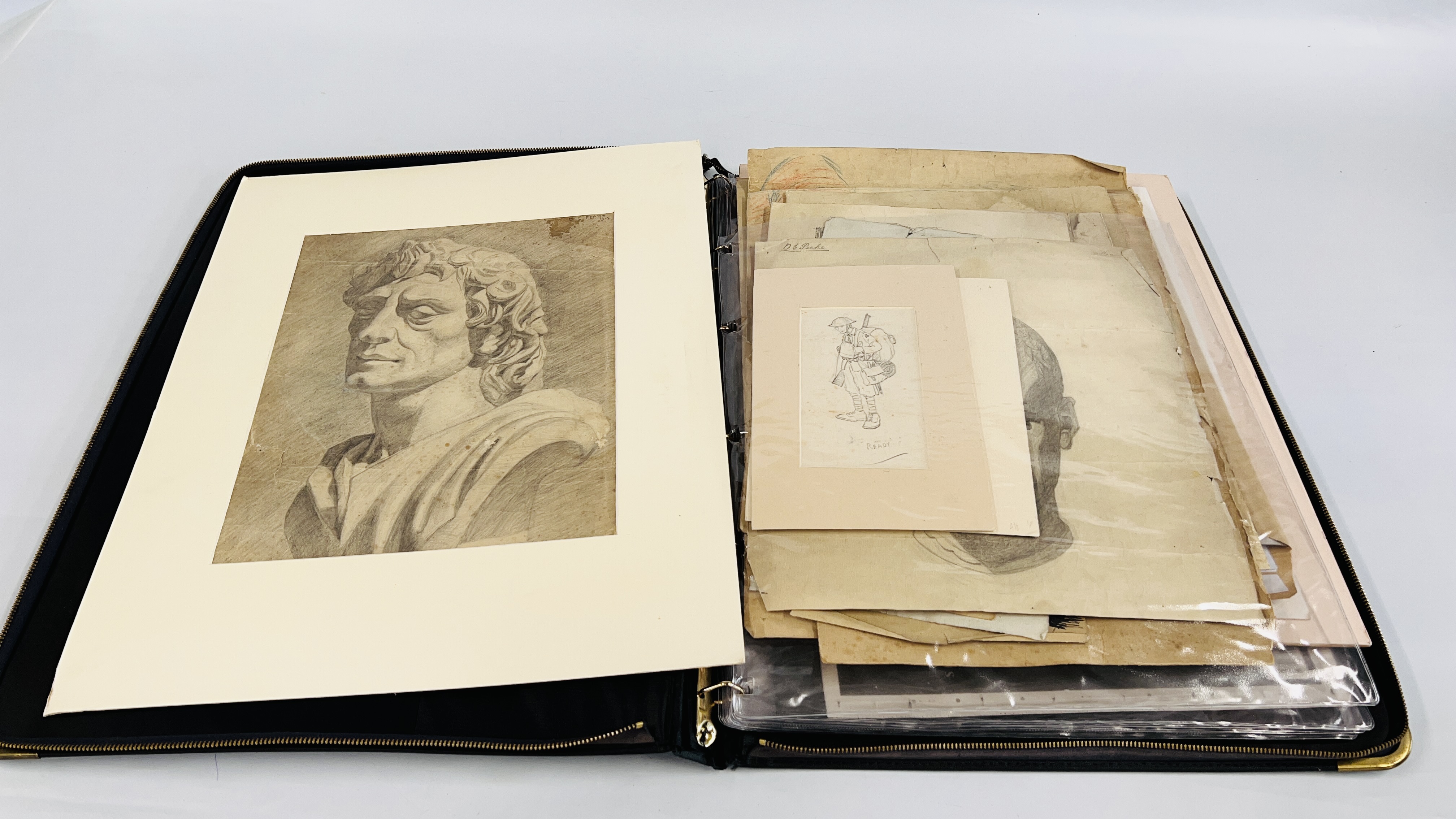 A FOLIO CONTAINING AN EXTENSIVE COLLECTION OF ORIGINAL SKETCHES AND ART WORKS TO INCLUDE NUDE