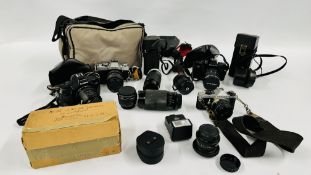 GOOD SELECTION OF MIXED CAMERAS AND LENSES TO INCLUDE MINOTTA XG-M, PENTAX P30N, CANON EOS 850,