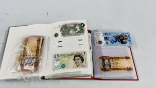 2 ALBUMS CONTAINING APPROXIMATELY OVER 400 BANK NOTES TO INCLUDE 1 £5 NOTE 10 £1 NOTES,