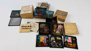 A GROUP OF VINTAGE COLOURED LANTERN SLIDES TO DICKENS CHRISTMAS CAROL EXAMPLES.