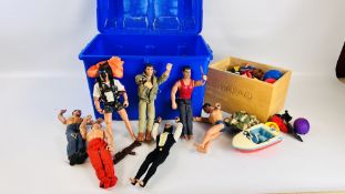 A PLASTIC TOY CHEST CONTAINING A QUANTITY ACTION MEN AND RELATED TOYS WITH A WOODEN CRATE WITH