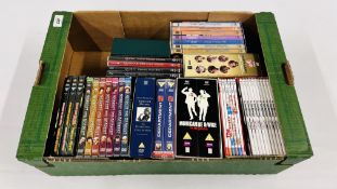 A BOX OF VARIOUS DVD BOXED SETS TO INCLUDE DAD'S ARMY, ONE FOOT IN THE GRAVE, QUEEN,