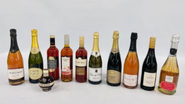 A GROUP OF 11 BOTTLES OF ASSORTED ROSE AND BRUT CAVA TO INCLUDE JACOBS CREEK, CAPE BAY ETC.