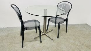 MODERN CHROME PEDESTAL CIRCULAR DINING TABLE AND TWO DESIGNER CLEAR ACRYLIC CHAIRS.