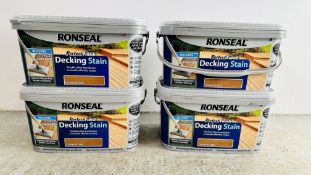 4 X AS NEW RONSEAL PERFECT FINISH DECKING STAIN 2.5 LITRE INCLUDING PERFECT FINISH DECK PAD.