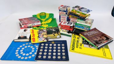 A BOX OF FOOTBALL MEMORABILIA AND ANNUAL TO INCLUDE NORWICH CITY AND MANCHESTER UNITED + 2 X COIN