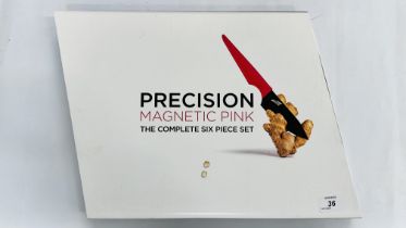 A BOXED AS NEW EDGE OF BELGRAVIA PRECISION MAGNETIC PINK KNIFE SET - NO POSTAGE OR PACKING.