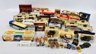 A BOX CONTAINING APPROXIMATELY 40 BOXED DIE-CAST MODEL ADVERTISING VEHICLES TO INCLUDE LLEDO,