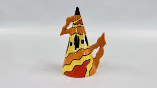 A LORNA BAILEY SUGAR SIFTER "FIRE 5TH LIMITED EDITION" BEARING SIGNATURE, INITIALS JW - H 14CM.