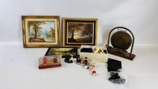 A BOX OF VINTAGE COLLECTABLES TO INCLUDE A BRASS GONG, MINIATURE CARVED ELEPHANTS,