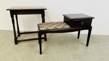 A STAG SINGLE DRAWER TELEPHONE SEAT ALONG WITH AN OAK FINISH OCCASIONAL TABLE MARKED "PRIORY".