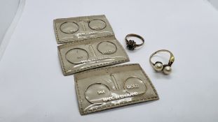 3 PAIRS OF 9CT GOLD SLEEPER HOOP EARRINGS AND 2 9CT ON SILVER RINGS.