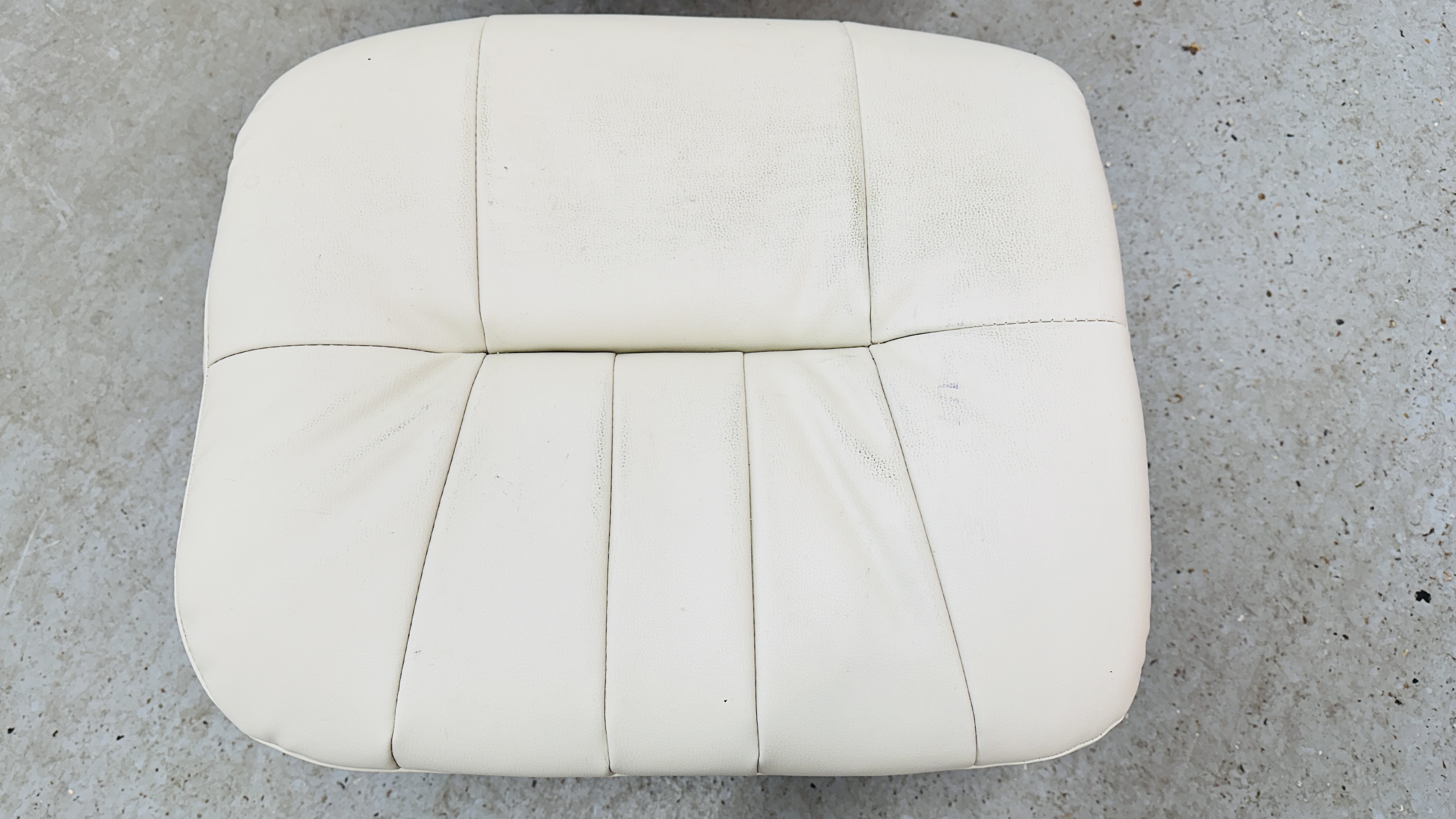 A MODERN CREAM FAUX LEATHER RECLINING RELAXER CHAIR AND FOOTSTOOL. - Image 9 of 12