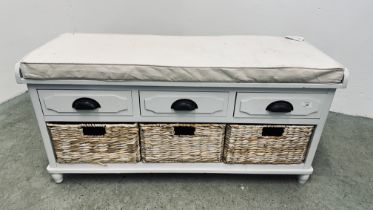 A MODERN PAINTED 3 DRAWER 3 BENCH SEAT WITH LOWER 3 DRAWER BASKETS, W 107CM X D 39CM X H 50CM.
