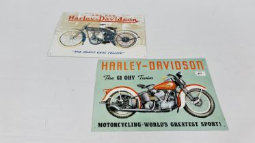 TWO REPRODUCTION METAL HARLEY DAVIDSON SIGNS, 41CM X 30CM AND 44CM X 30CM.