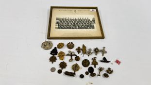 TIN CONTAINING A MIXTURE OF BADGES AND BUTTONS INCLUDING WOUND BADGE, AMERICAN, CAMEROON, RAOC,