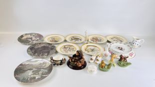 A BOX OF SUNDRY CHINA AND ORNAMENTS TO INCLUDE A PAIR OF ROYAL ALBERT OLD COUNTRY ROSES SHOES,