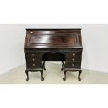 ORNATE TWIN PEDESTAL MAHOGANY FALLING FRONT BUREAU WITH WELL FITTED INTERIOR STANDING ON BALL AND