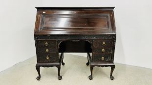 ORNATE TWIN PEDESTAL MAHOGANY FALLING FRONT BUREAU WITH WELL FITTED INTERIOR STANDING ON BALL AND