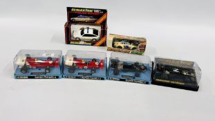 SIX VARIOUS SCALEXTRIC RACING CARS TO INCLUDE FORMULA ONE, POLICE CAR ETC.