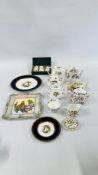 A GROUP OF CERAMICS TO INCLUDE A MINTON PLATE AND MATCHING SIDE PLATE DECORATED WITH GILDING AND