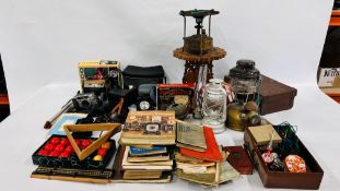 TWO BOXES OF MIXED COLLECTABLE ITEMS TO INCLUDE SNOOKER BALLS, VARIOUS MANUALS,