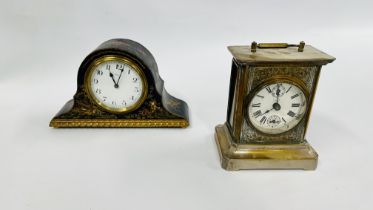 A VINTAGE ORNATE BRASS FINISH CARRIAGE CLOCK ALONG WITH A VINTAGE ORIENTAL LACQUERED 8 DAY MANTEL