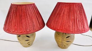 2 X STUDIO POTTERY HAND THROWN CUT OUT LAMP BASES WITH PLEATED SHADES (BASES APPROX H 33CM) - SOLD