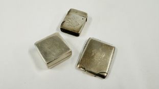 AN ANTIQUE SILVER MATCH STRIKER, SILVER TRINKET BOX, SILVER STAMP CASE, BIRMINGHAM ASSAY.