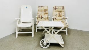 THREE KETER WHITE UPVC RECLINING GARDEN CHAIRS (TWO WITH CUSHIONS) AND FOLDING GARDEN DRINKS