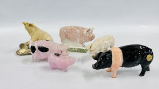 A GROUP OF COLLECTORS PIG ORNAMENTS TO INCLUDE A BESWICK EXAMPLE AND 2 LANGHAM GLASS ETC.