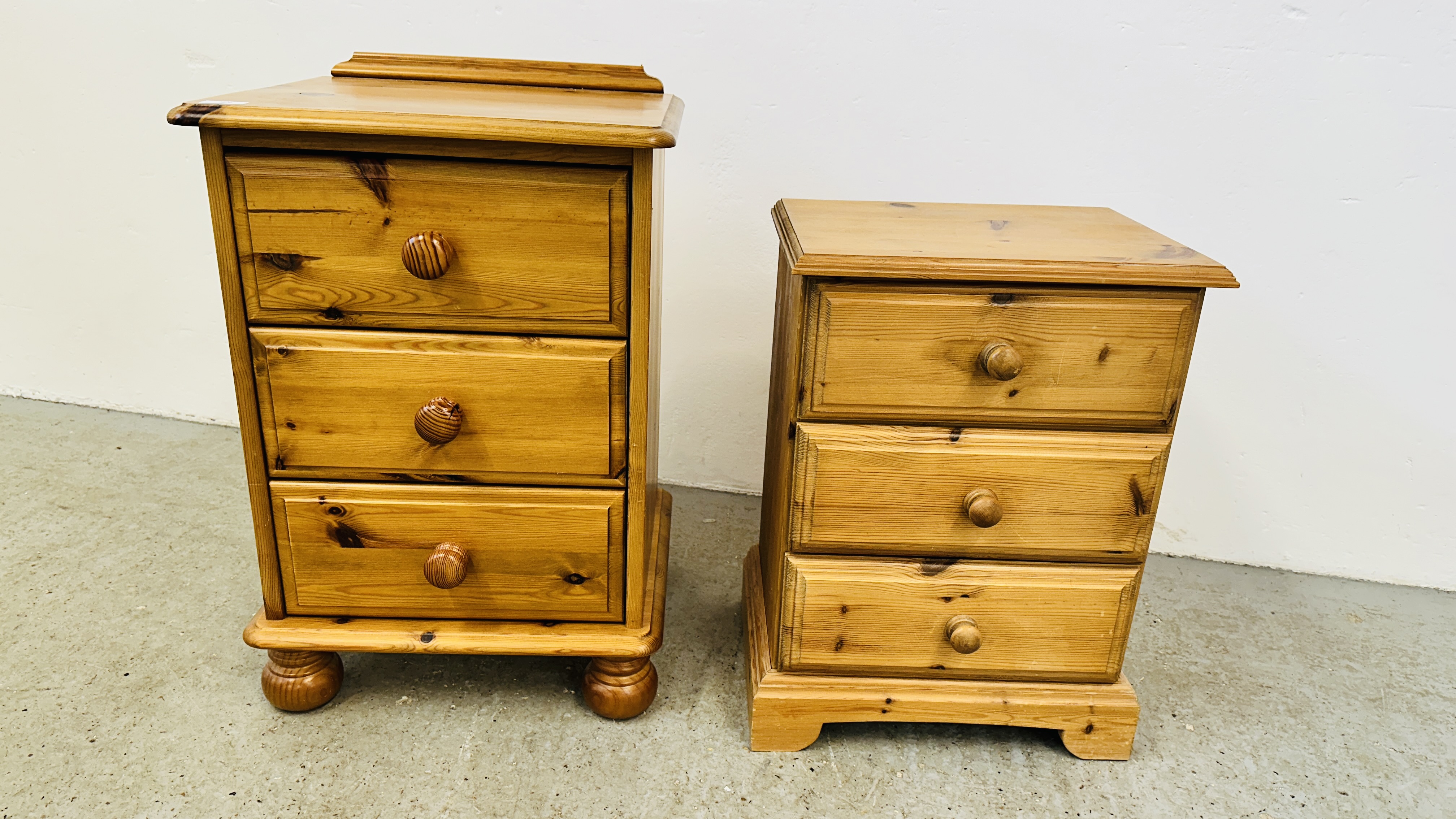 A HONEY PINE 3 DRAWER BEDSIDE CHEST ALONG WITH A FURTHER WAXED PINE EXAMPLE.