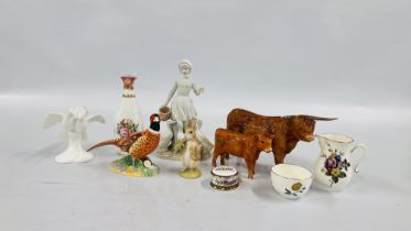 TWO BESWICK COWS TO INCLUDE A HIGHLAND EXAMPLE AND A PHEASANT, ROYAL WORCESTER JUG AND BOWL,
